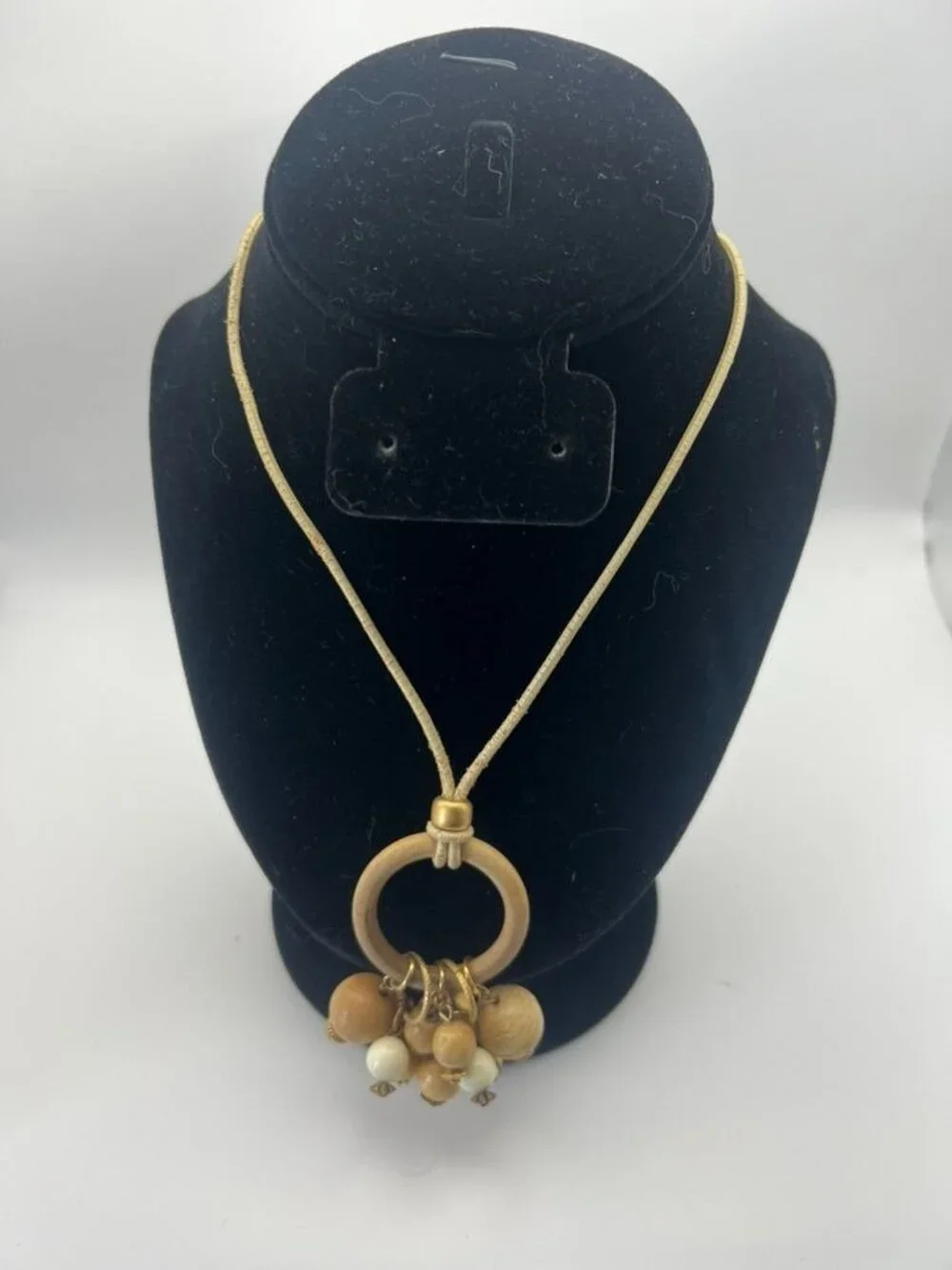 Vintage Boho Wood Bead Necklace Long Cord Gold Tone Charm Cluster Pendant